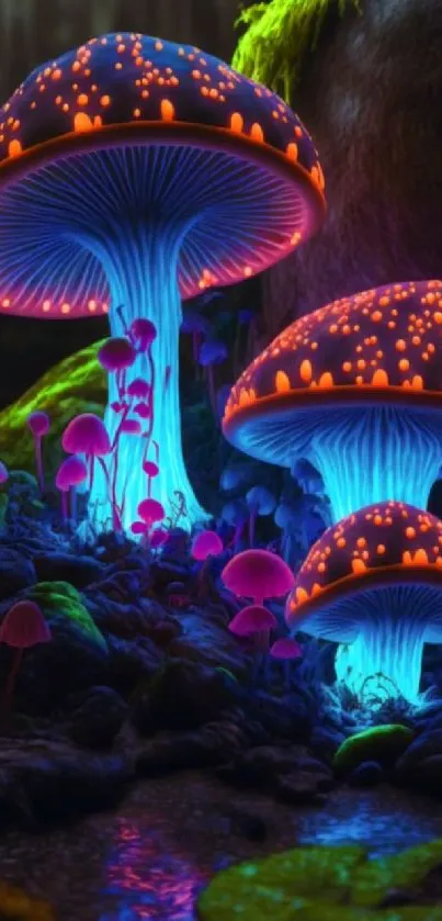 Vibrant neon mushrooms in a mystical forest setting.