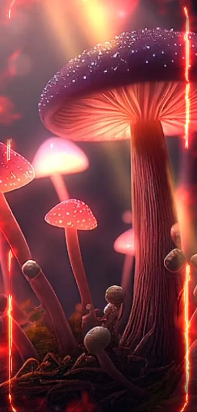 Mystical mushrooms glowing with a red hue in a magical forest scene.