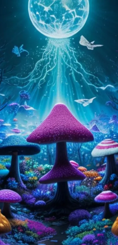 Illustration of a mystical glowing forest with vibrant mushrooms.