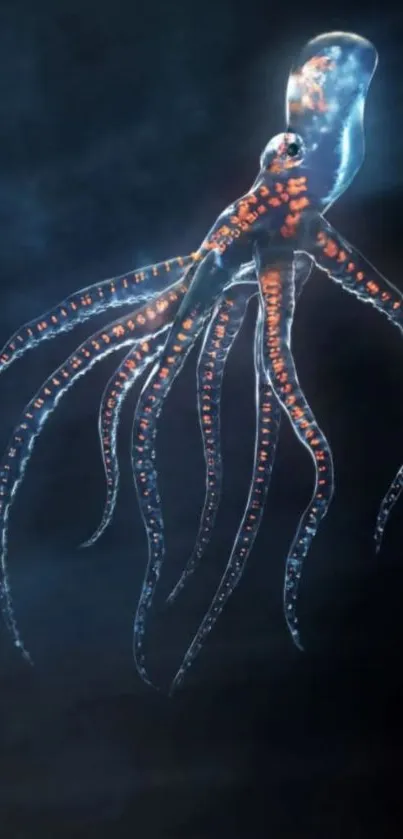 Glowing octopus in dark blue ocean background.