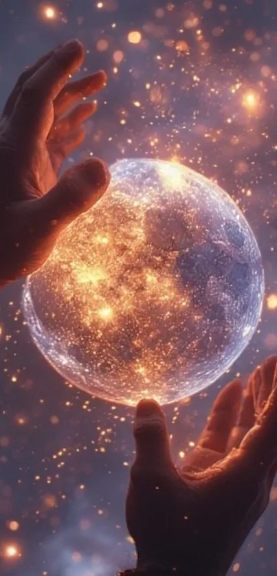 Hands holding a glowing mystical orb in a magical scene.