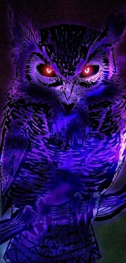 Dark and mystical owl with red eyes glowing in purple hues.