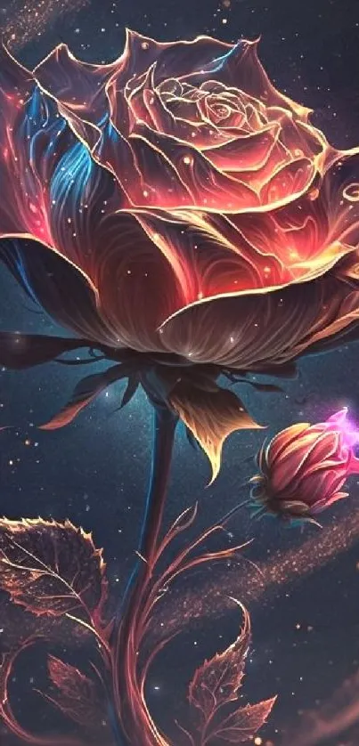 Mystical glowing rose with cosmic backdrop.