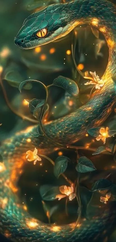 Mystical glowing serpent amidst vibrant flora.