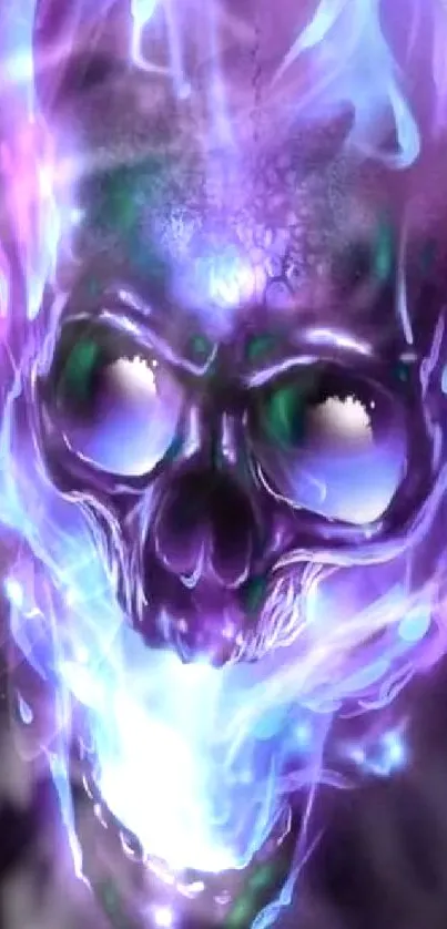 Mystical glowing skull with blue and purple hues on a dark background.