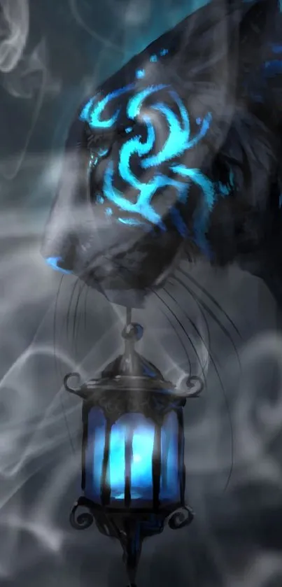 A glowing blue tiger holding a lantern in a mystical, dark-themed illustration.