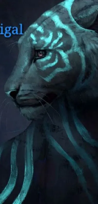 Wallpaper of a mystical glowing tiger with teal stripes on a dark background.