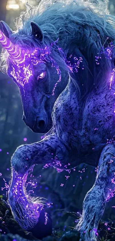 Glowing unicorn in a mystical forest scene.