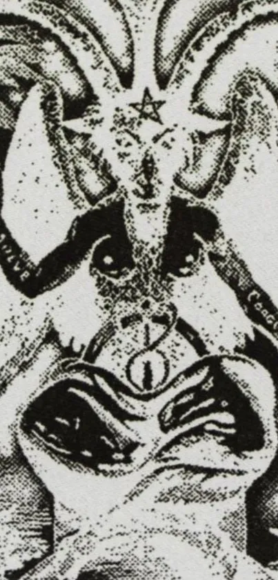 Black and white mystical goat figure art.