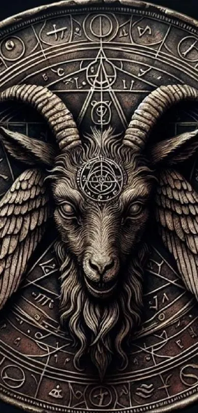 A detailed wallpaper featuring a mystical goat surrounded by ancient symbols.