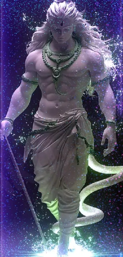 Mystical god in neon purple and green hues with cosmic background.