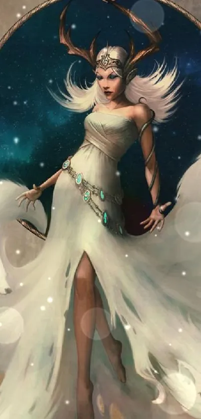 Mystical goddess with antlers and flowing gown in a fantasy setting.