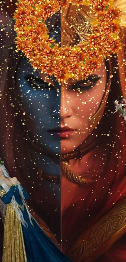 Fantasy goddess duality mobile wallpaper with vibrant colors and intricate details.