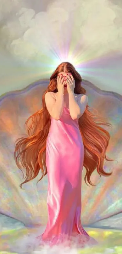 Mystical goddess in pink dress art wallpaper.