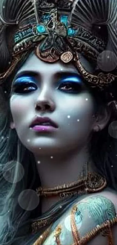 Mystical goddess with ornate headgear and teal background.