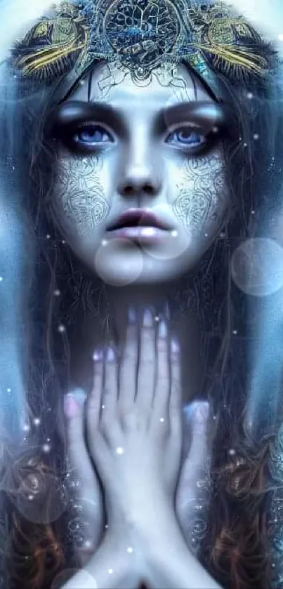 Mystical goddess artwork in dark blue hues for mobile wallpaper.