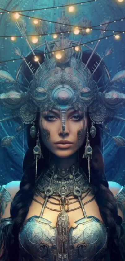 Mystical goddess with ornate headdress in a turquoise-themed fantasy setting.