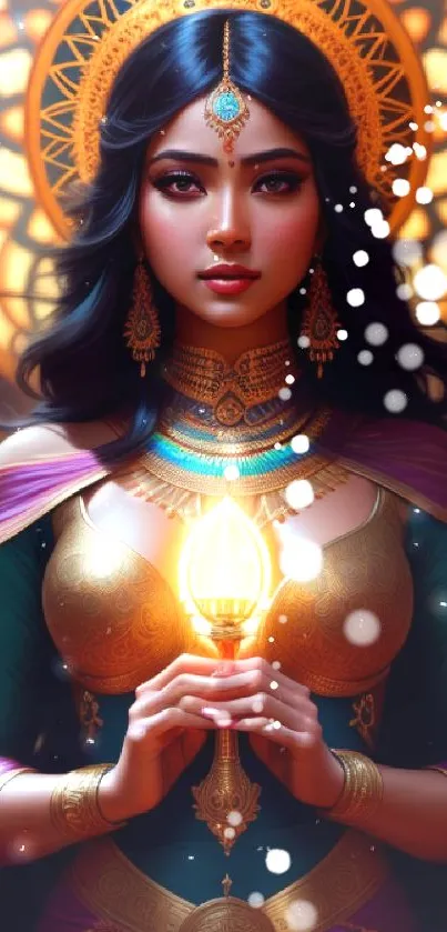 Goddess holding light with vibrant colors in elegant attire.