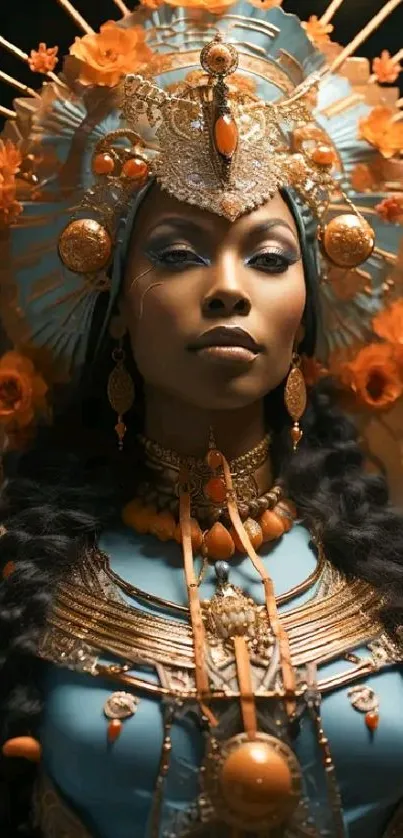 Mystical goddess portrait with blue attire and ornate headpiece.