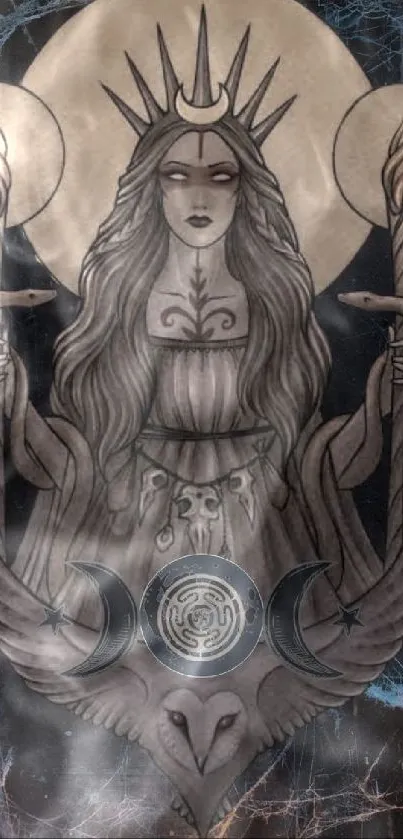 Mystical goddess with lunar motif on phone wallpaper, dark and ethereal design.