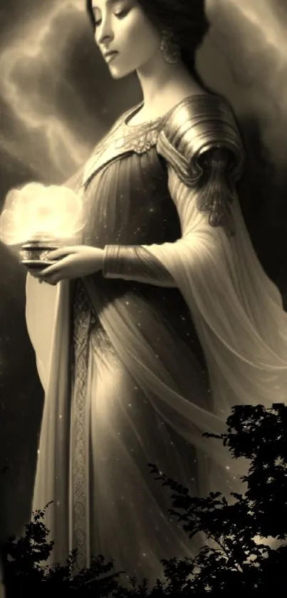 Ethereal goddess holding glowing orb in sepia-toned wallpaper.