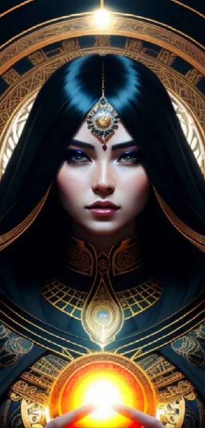 Mystical goddess with dark hood and glowing orb in ornate setting.