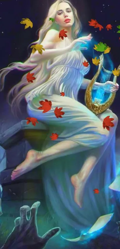 Mystical goddess with harp in a starry night scene.