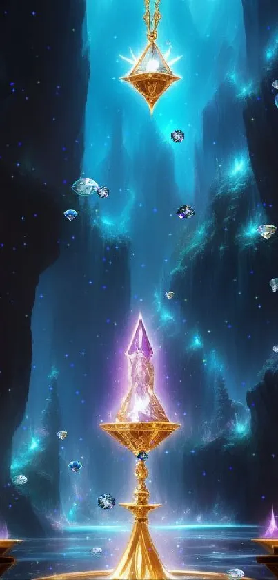 Fantasy wallpaper with gold elements and mystical blue lighting.