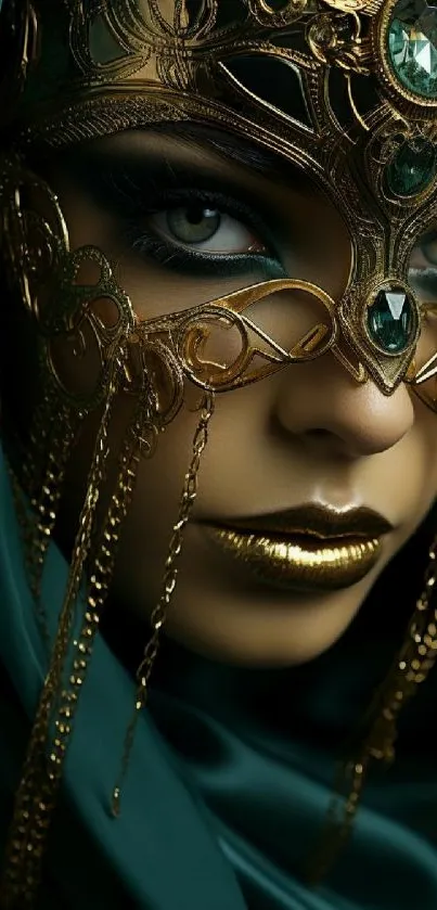 Elegant golden mask with green eyes for mobile wallpaper.