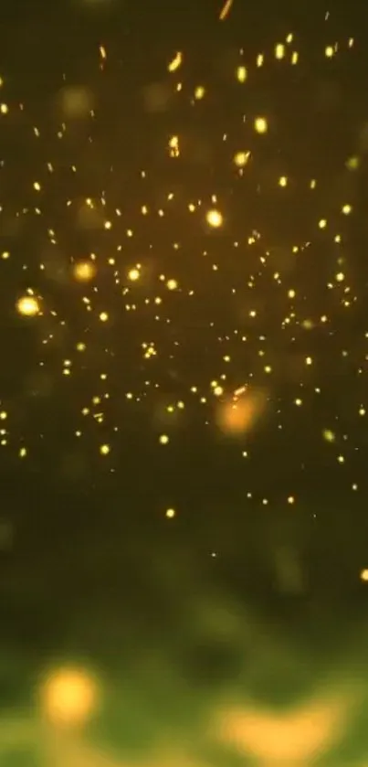 Luminous gold particles scattered on a dark background