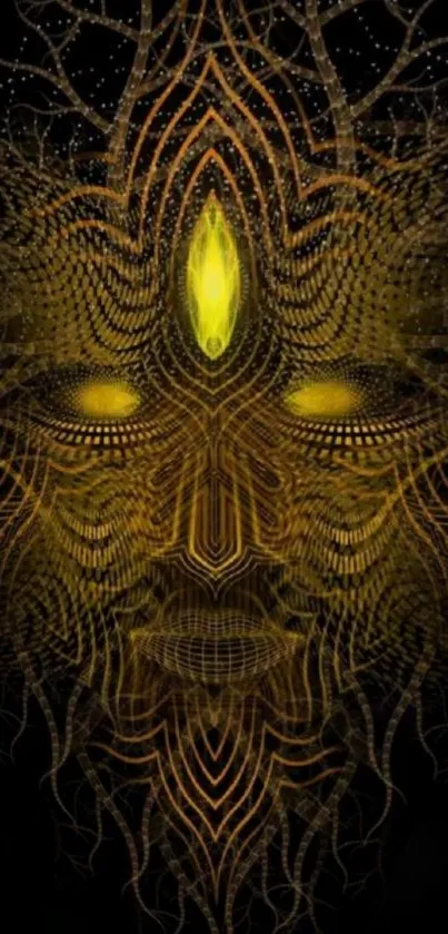 Golden mystical face design on dark background wallpaper.