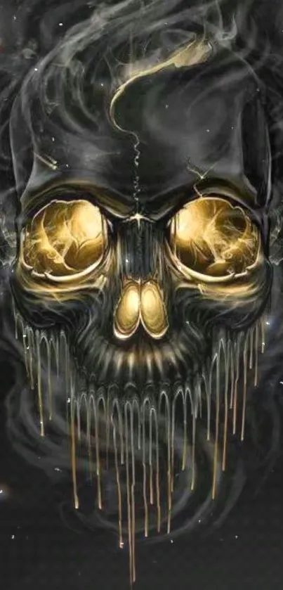 Mystical skull with glowing gold eyes on dark background.