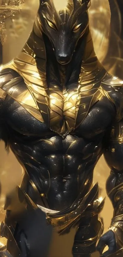 Gold-armored Anubis warrior in a mystical pose.