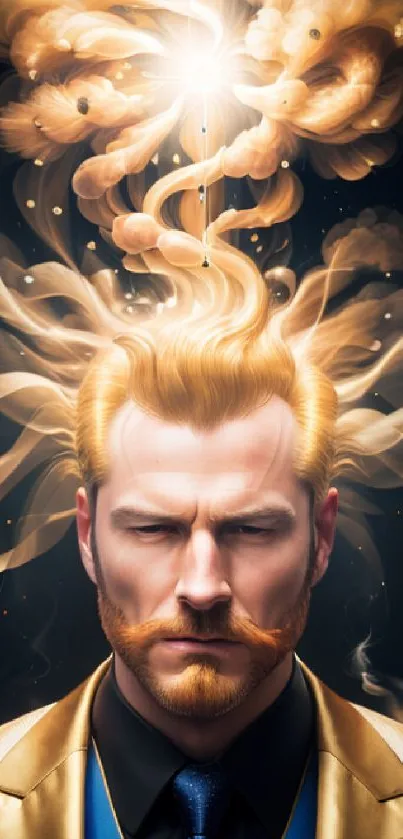 Man with golden aura and glowing hair set against a dark background.