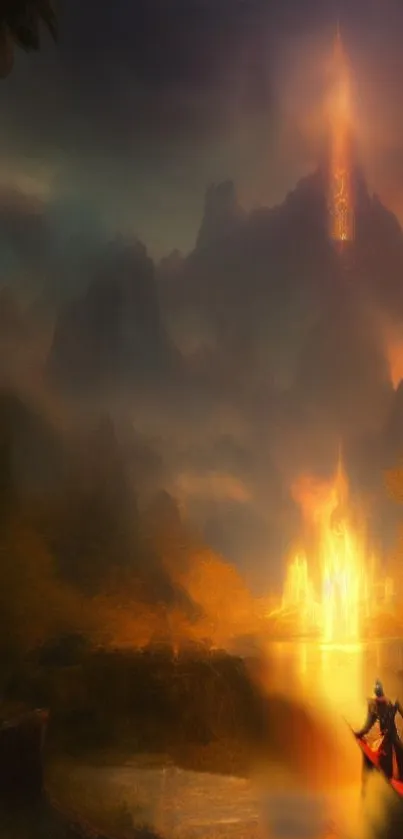 Mystical golden castle glowing in ethereal fantasy landscape.