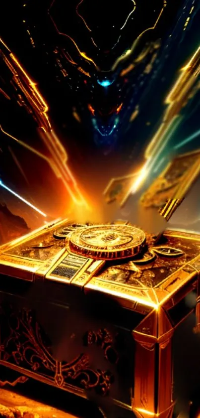 Intricate design of golden chest amid cosmic lights.