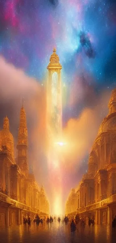 Golden cityscape with cosmic sky in fantasy art.