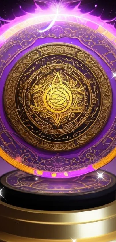 Mystical golden emblem on purple background, glowing with fantasy elements.