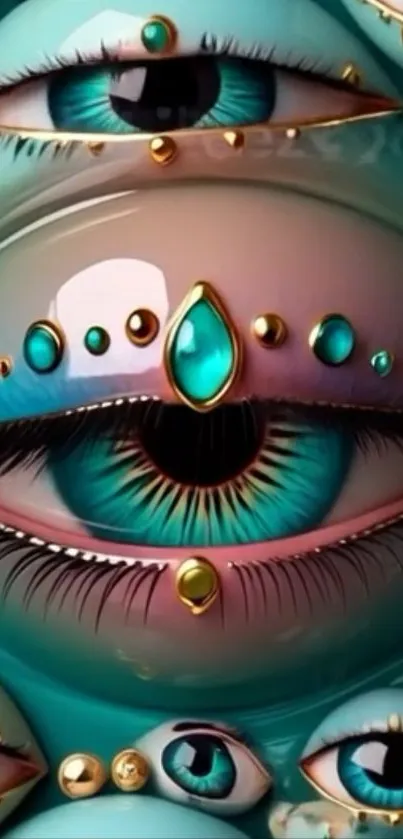 Artistic wallpaper with mystical eyes and turquoise accents.