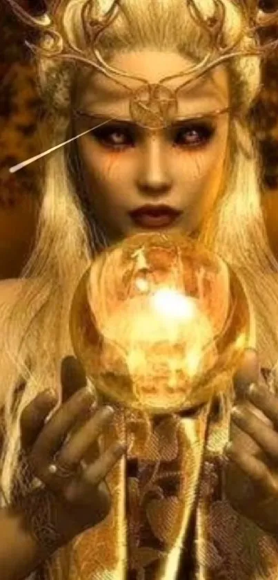 Golden mystical fantasy character with a glowing orb in hands.