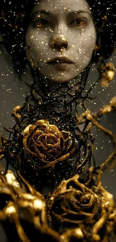 Mystical, surreal portrait with golden floral design.