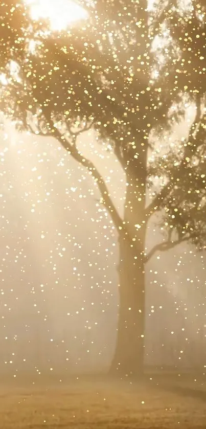 Mystical golden forest with sparkling light particles.