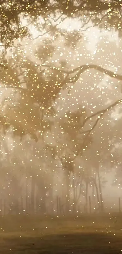 Misty golden forest with light particles and silhouetted trees.