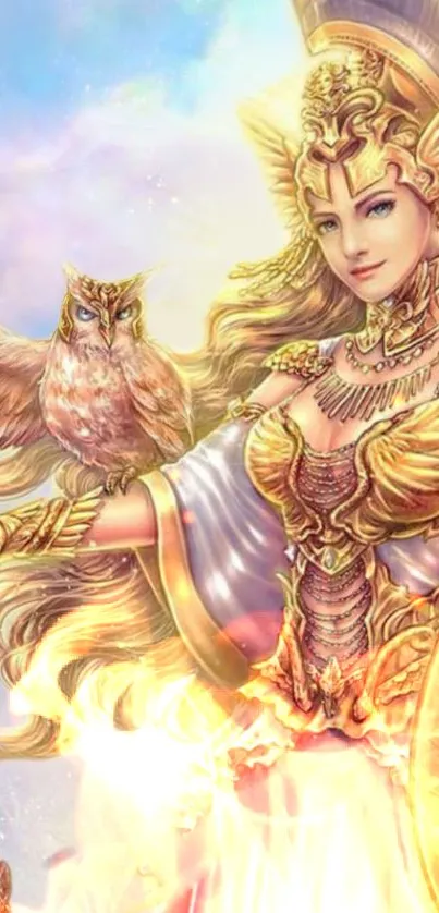 Golden goddess and owl fantasy wallpaper with intricate details.