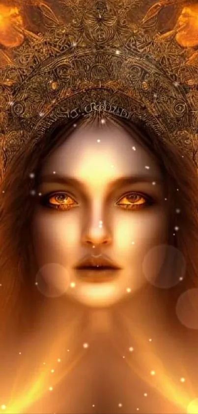 Mystical golden goddess with radiant aura and fiery background on mobile wallpaper.