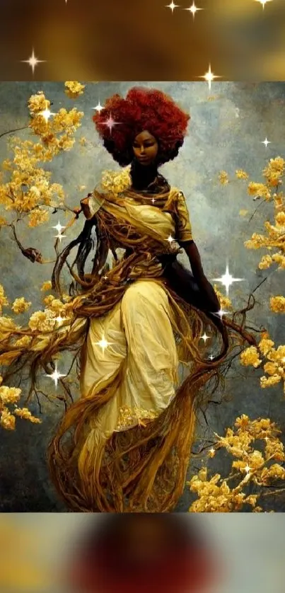 Mystical woman surrounded by golden blooms on a fantasy-themed phone wallpaper.