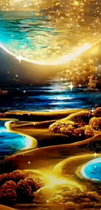 Golden mystical landscape wallpaper with celestial sky.