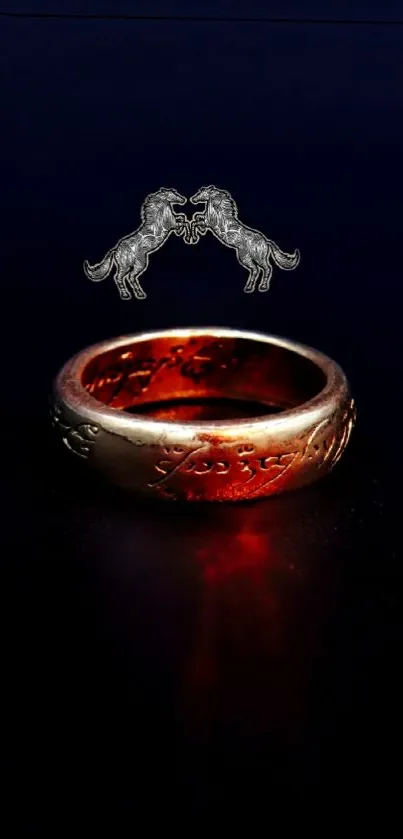 Mystical ring with glowing engravings on a dark background.