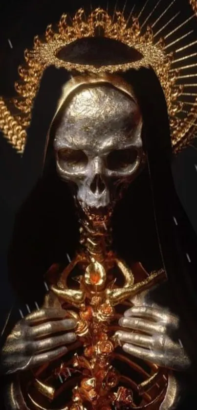 Golden skeleton with mystical accents on black background.