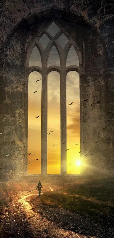 A mystical sunset scene with a glowing path through an ancient archway and flying birds.